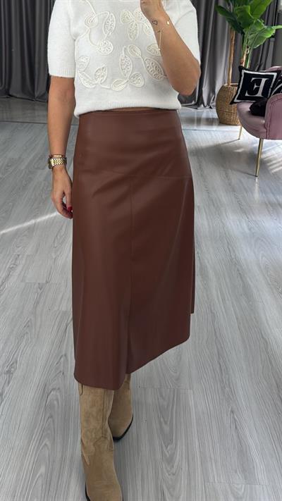 Yumuşacık Taba Midi Boy Deri Etek
