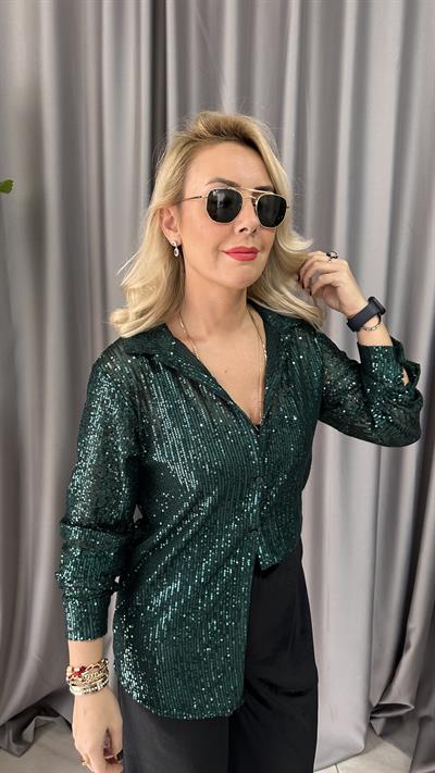 ZÜMRÜT YEŞİLİ PAYETLİ GÖMLEK