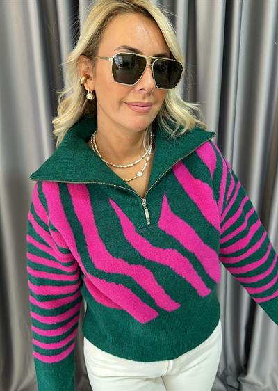 Zümrüt/Fuşya Kamyoner Yaka Fermuarlı Kazak