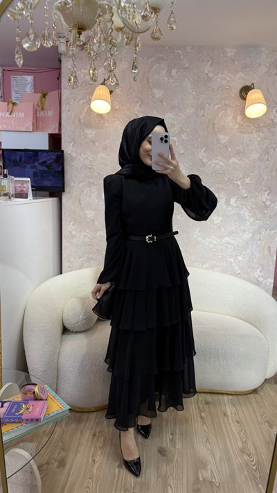 KAT DETAYLI ŞİFON ELBİSE-siyah