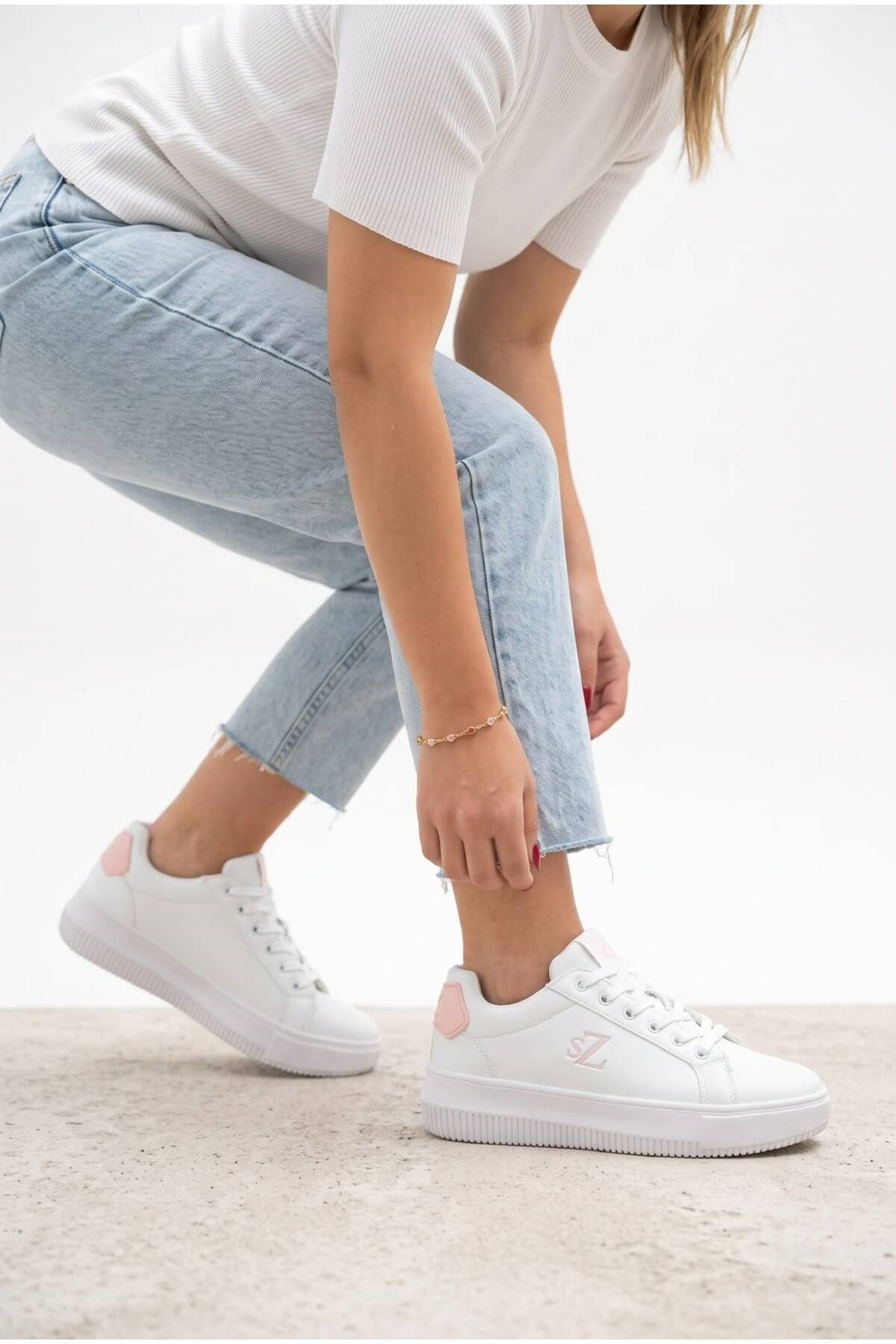 Kadın Beyaz Pudra Sneaker Günlük Spor Ayakkabı 068 Beyaz-Pudra