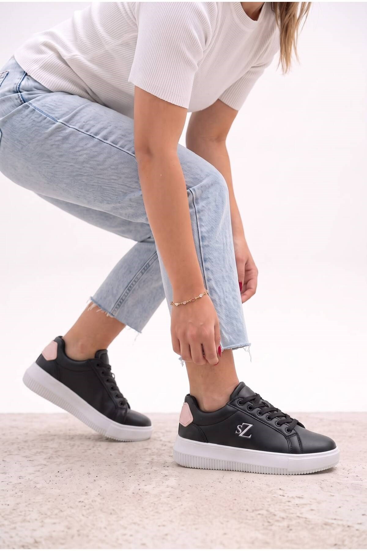 Kadın Siyah Pudra Sneaker Günlük Spor Ayakkabı 068 Siyah-Pudra