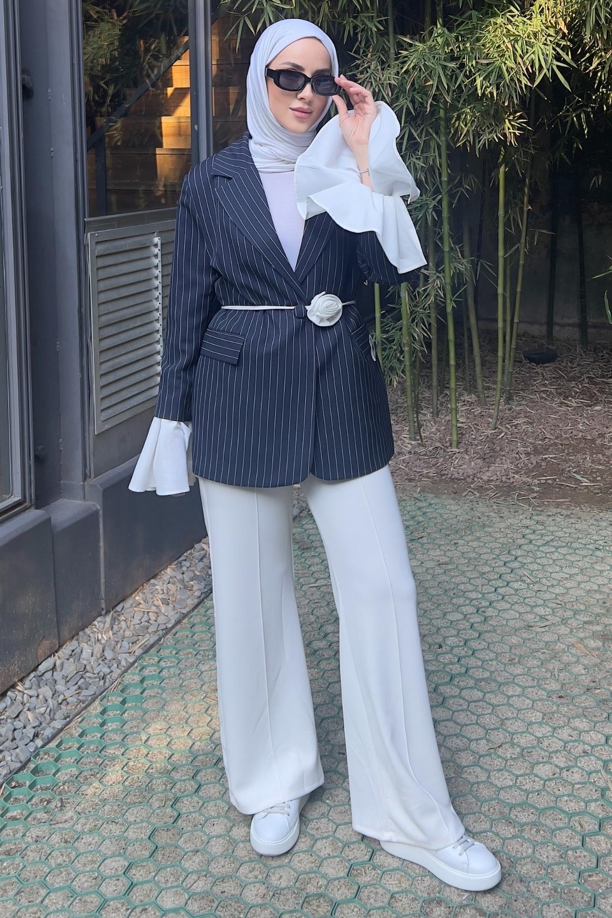 CEKETÇizgili Blazer Ceket 06075-Lacivert