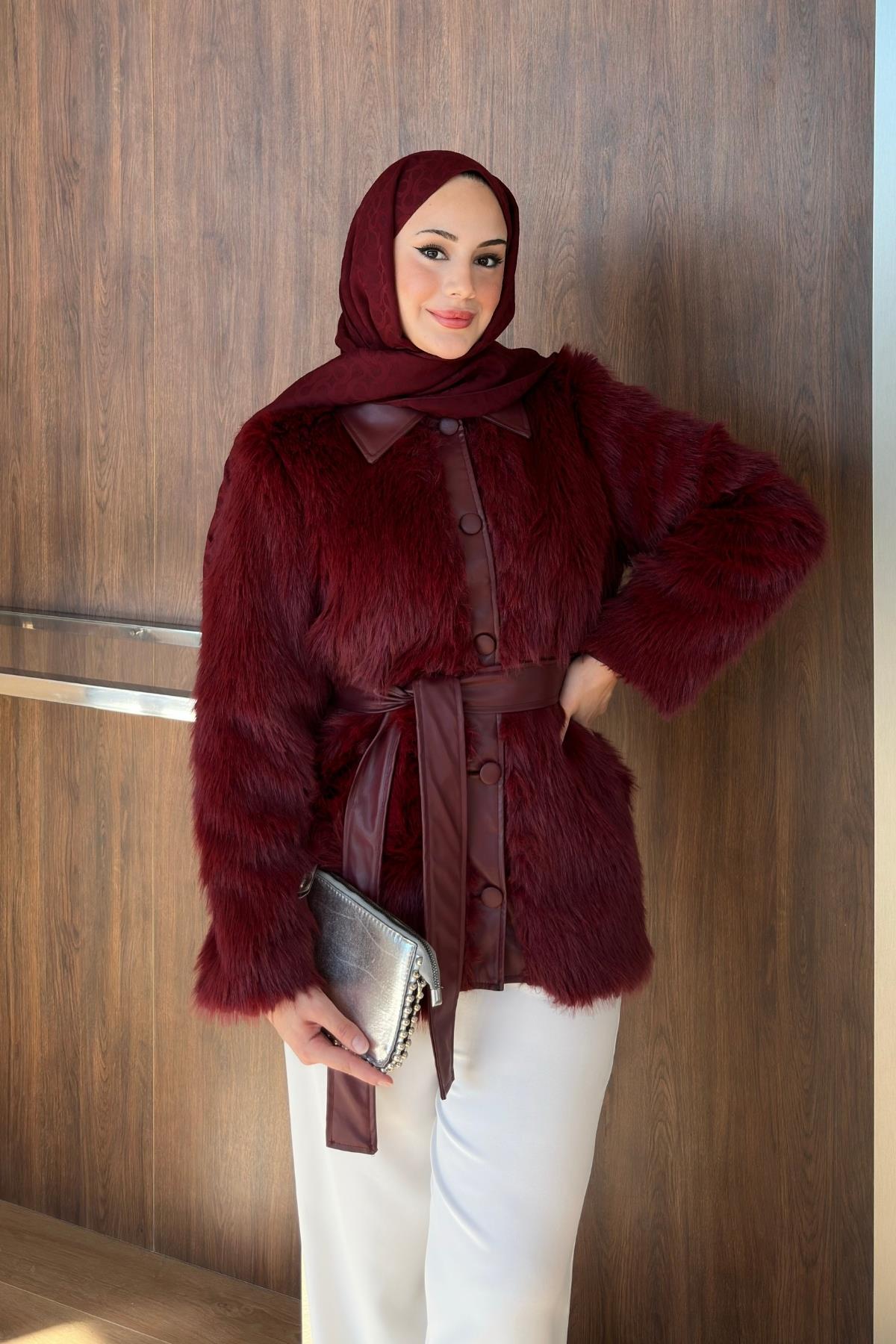 CEKETDeri Yaka Kürk Ceket 1047 Bordo