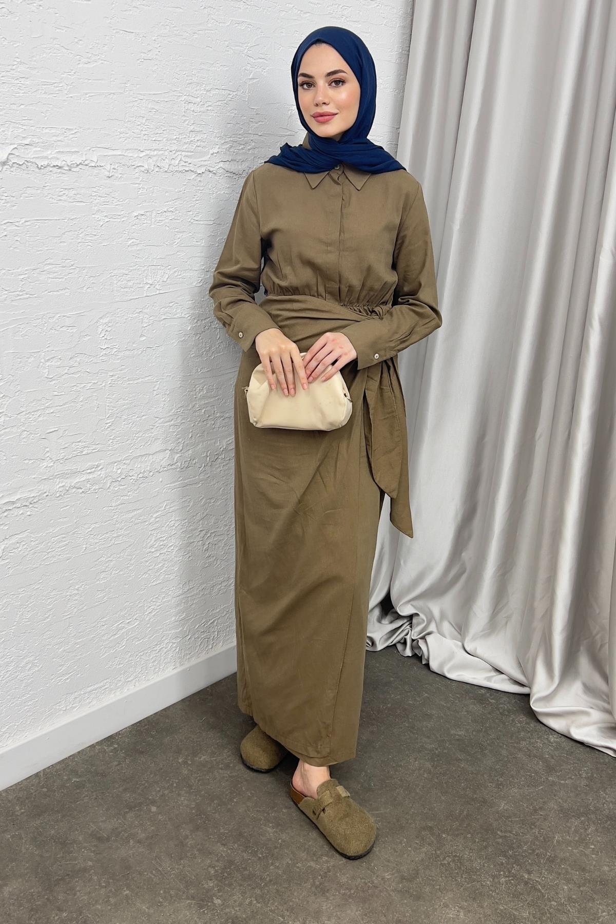ELBİSEBAĞLAMALI KETEN ELBİSE 20019 CAMEL