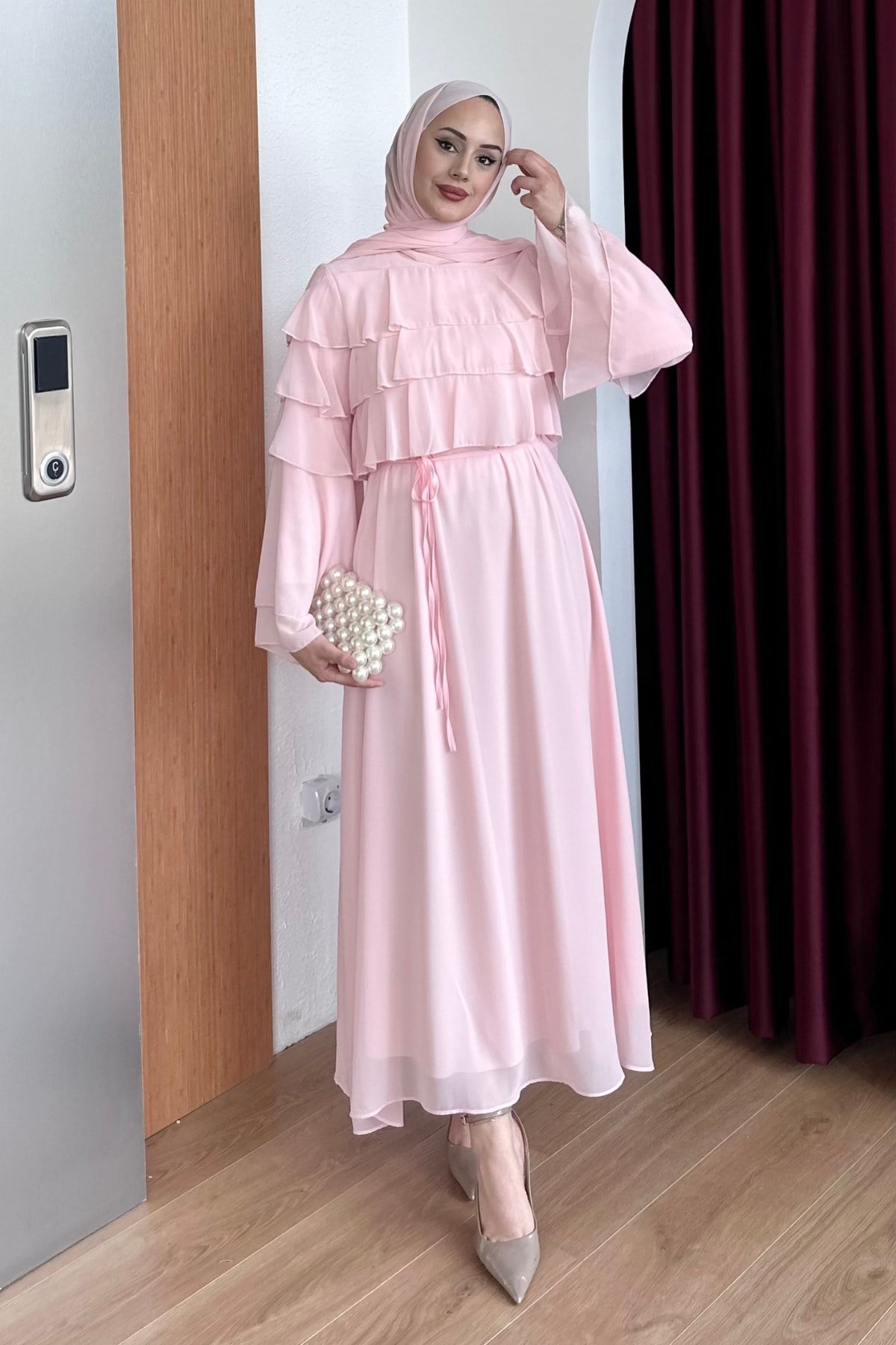 ELBİSEŞal Detaylı Elbise 1186 Pembe