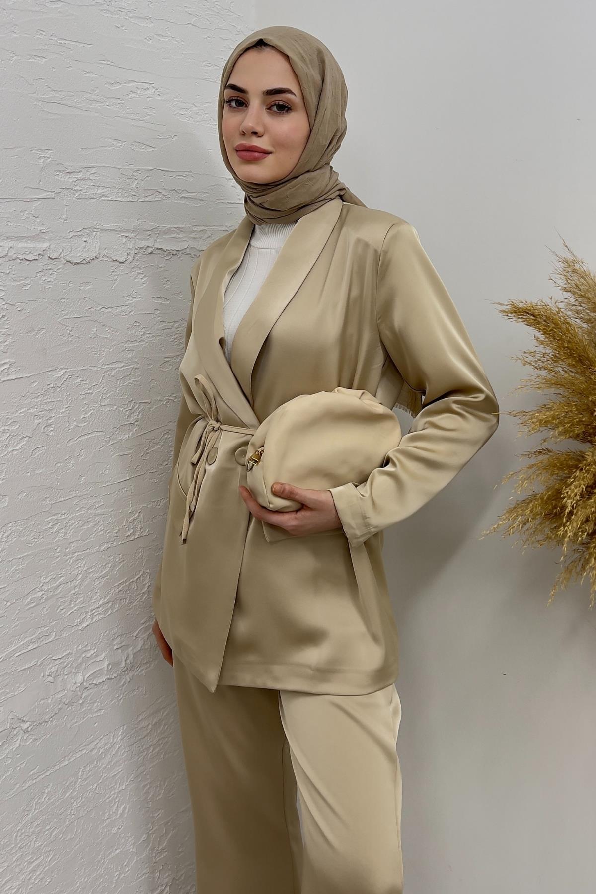 TAKIMBella Bel Büzgülü Ceket Takım 7097 Bej