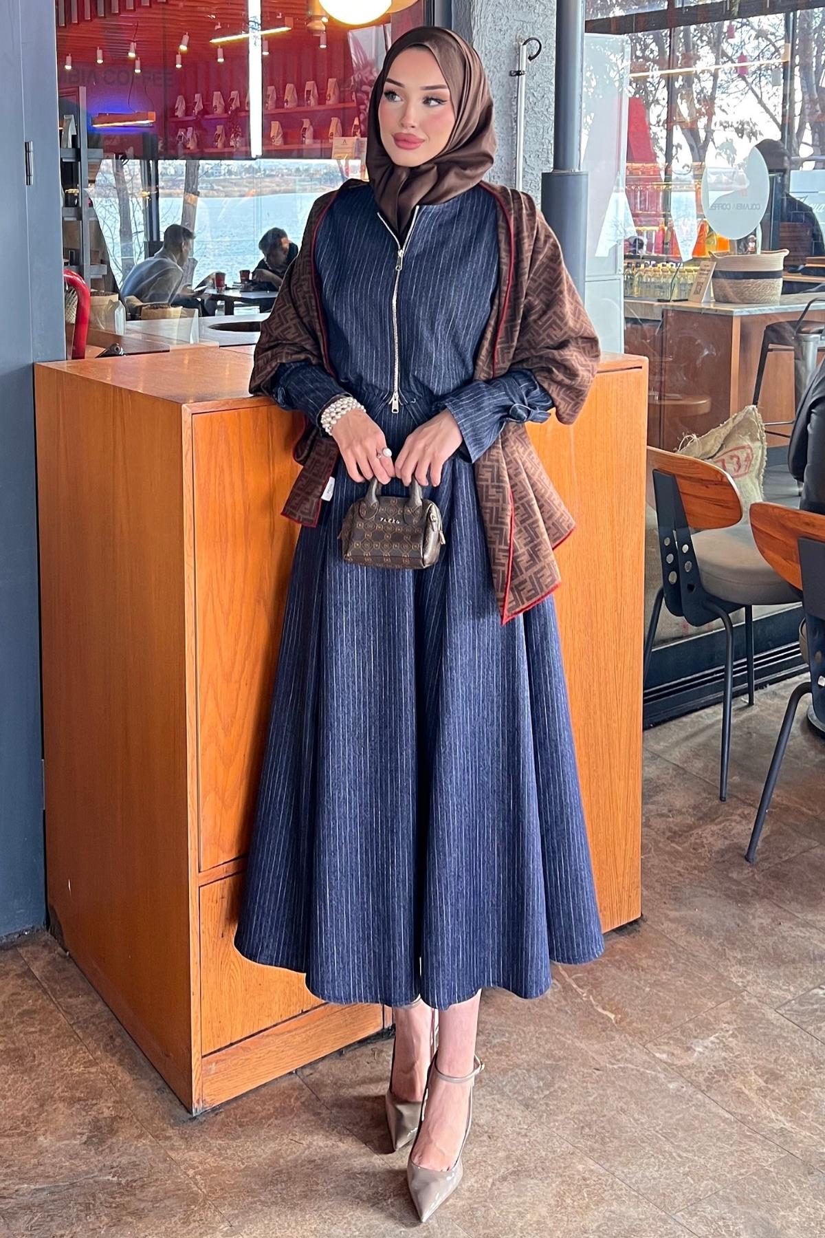 TAKIMÇizgili Etekli Denim Takım 1065 Lacivert