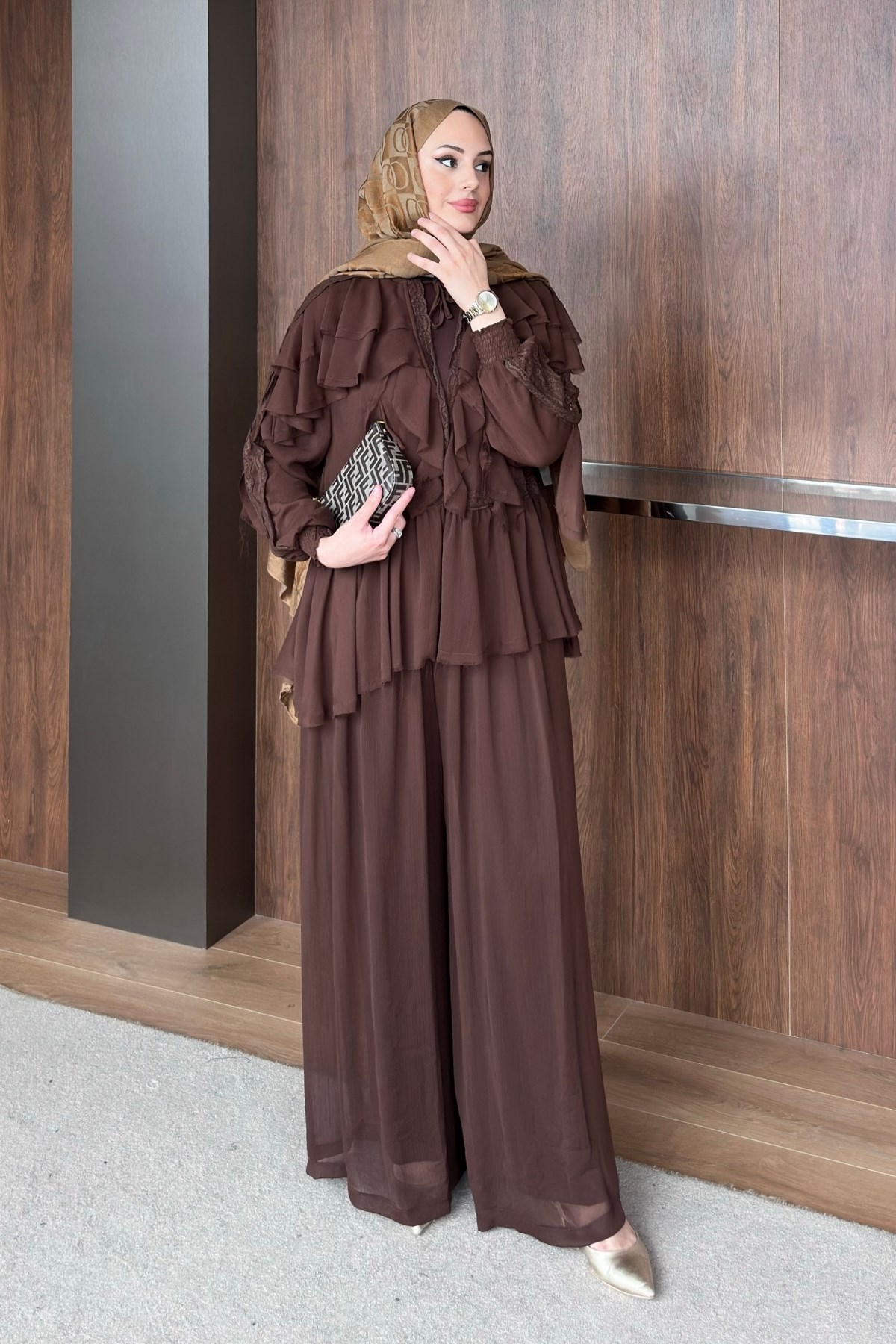TAKIMŞifon Pantolonlu Takım 1189 Kahve