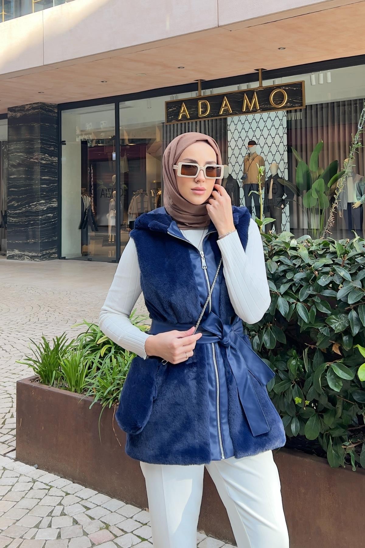 CEKETÇantalı Peluş Ceket 9039 Lacivert