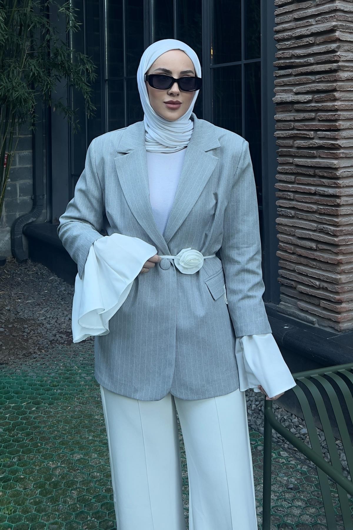 CEKETÇizgili Blazer Ceket 06075-Gri
