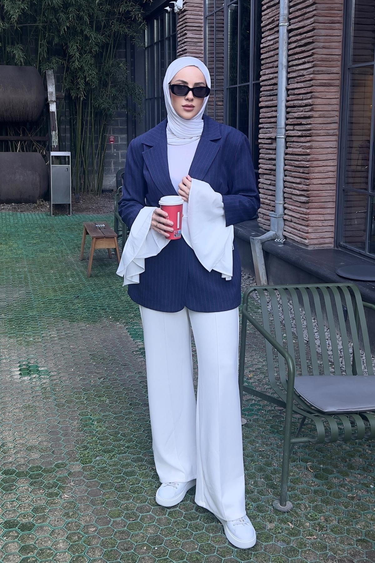 CEKETÇizgili Blazer Ceket 06075-İndigo