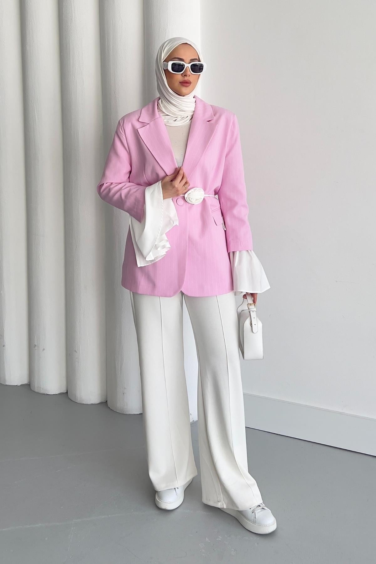 CEKETÇizgili Blazer Ceket 06075-Pembe