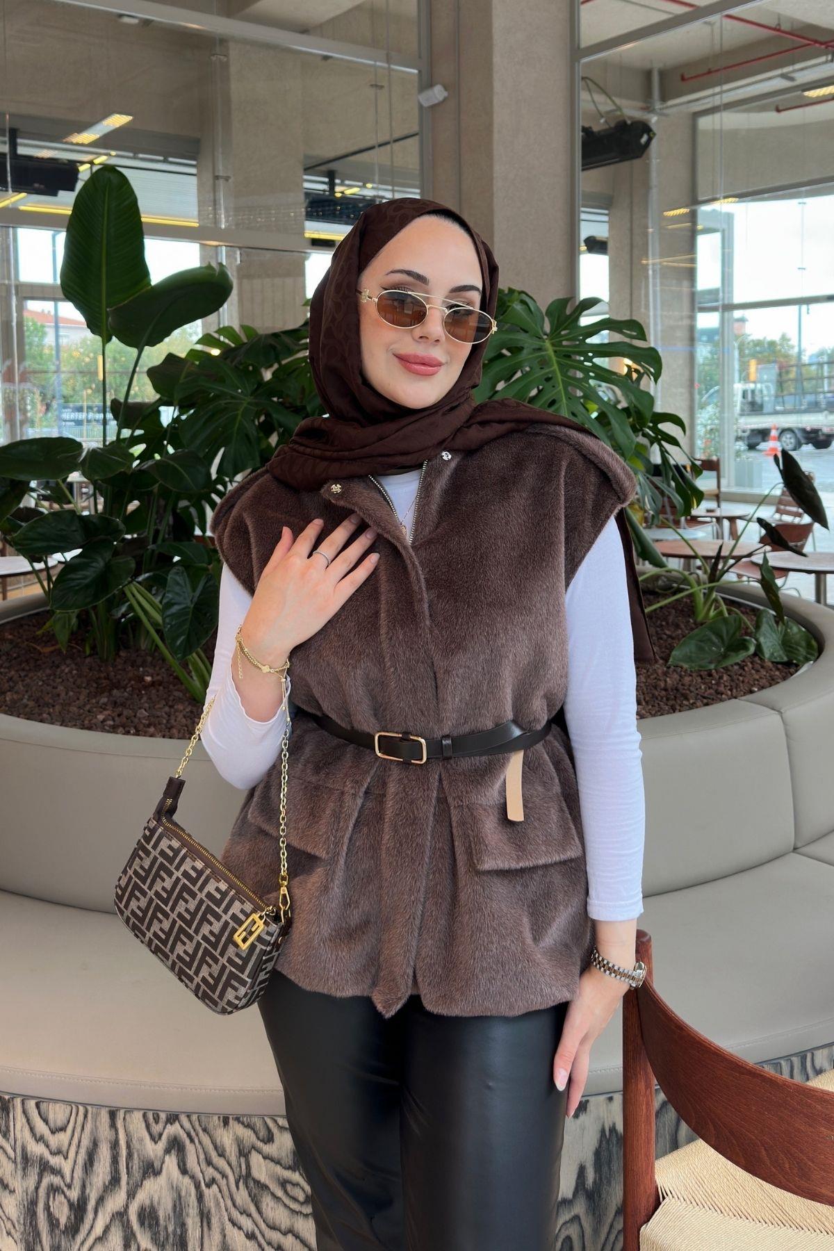 CEKETFox Yelek Kemerli 1142 Kahve