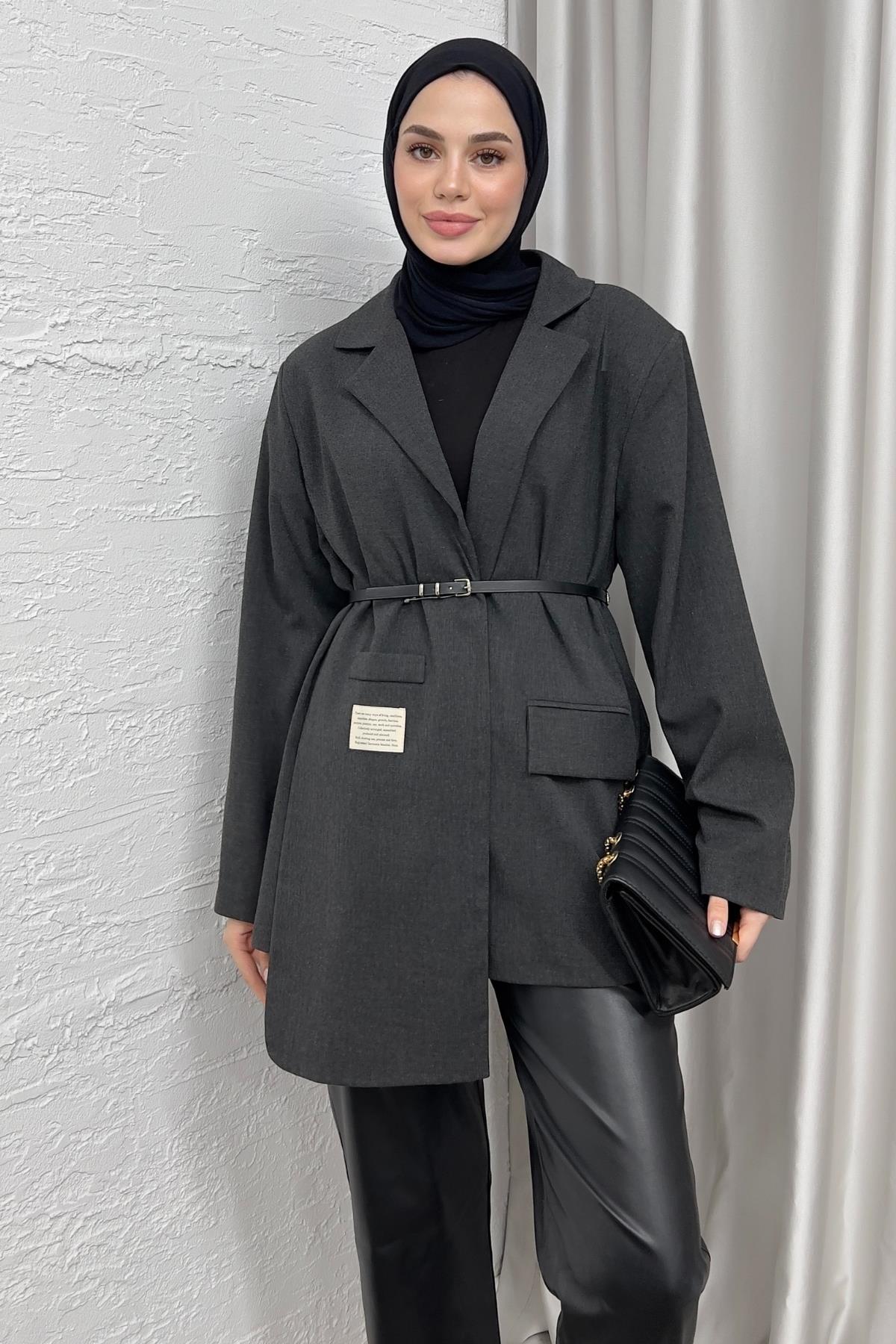 CEKETKemerli Blazer Ceket 6015 Füme