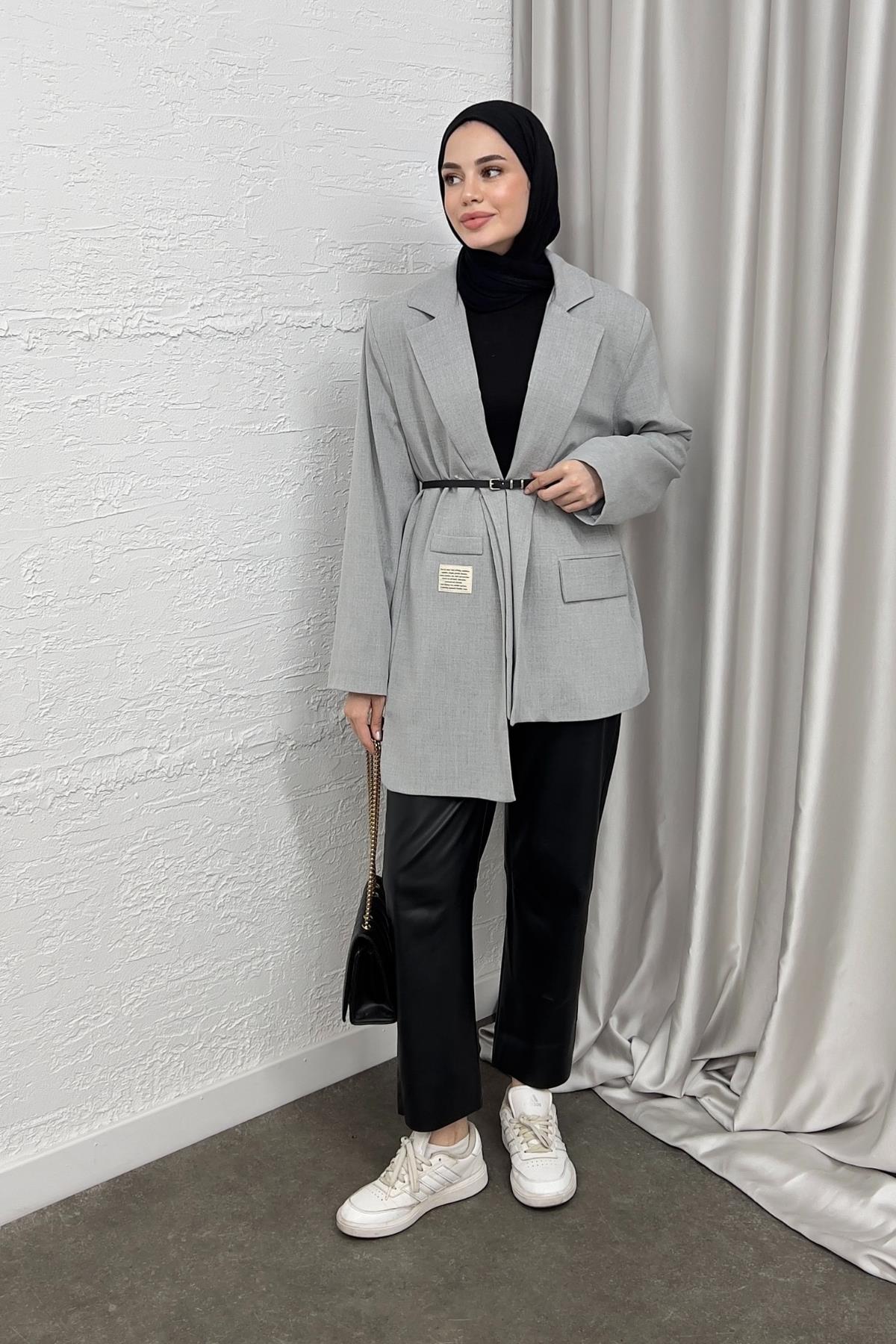 CEKETKemerli Blazer Ceket 6015 Gri