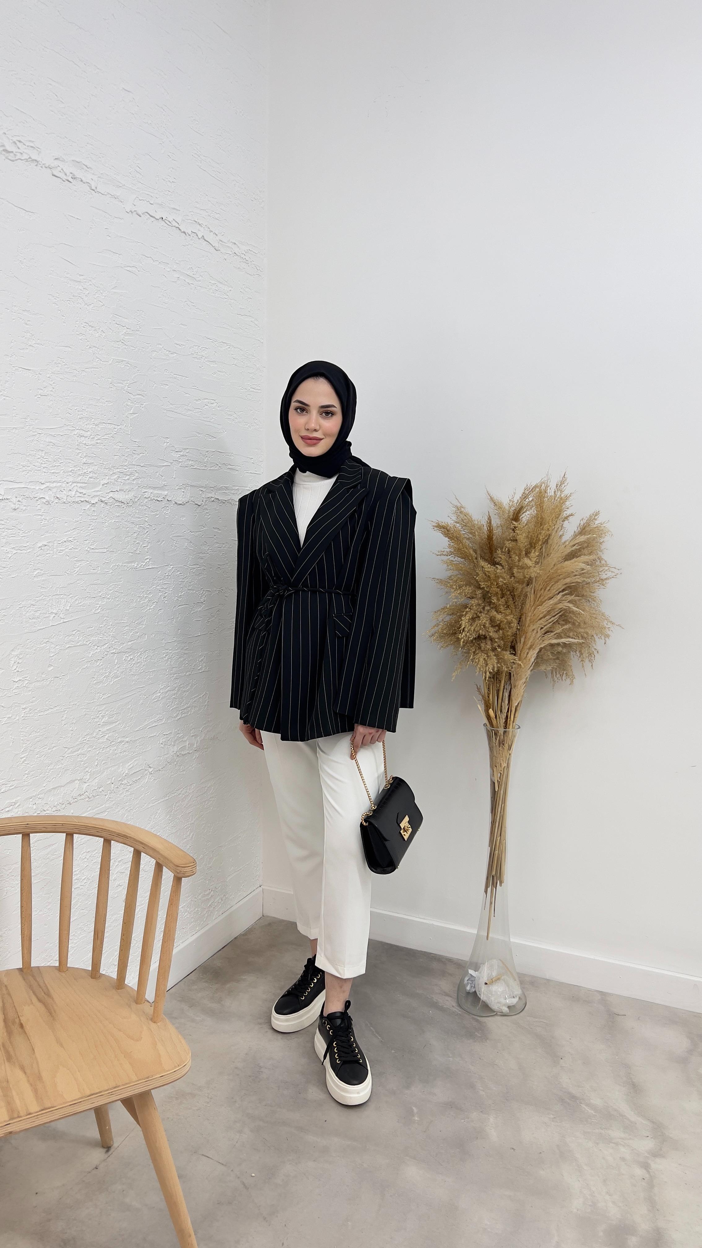 CEKETLinda Çizgili Blazer Ceket 06039 Siyah