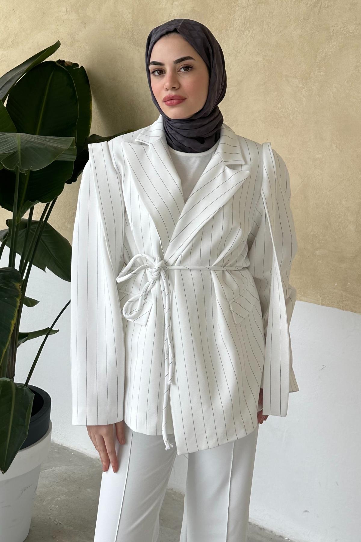 CEKETLinda Çizgili Blazer Ceket 06039 Ekru