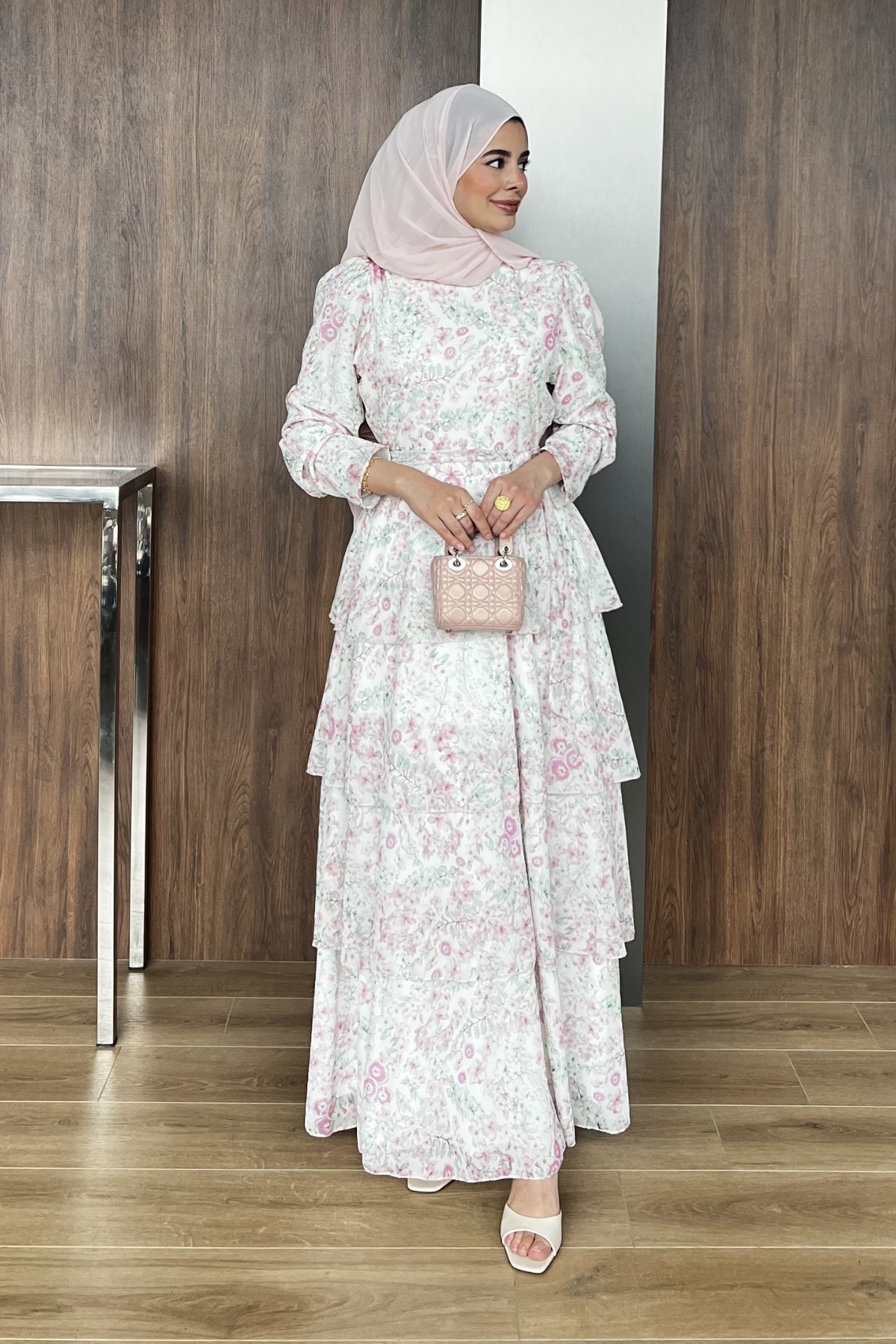 ELBİSEÇiçekli Elbise 1203 Pudra