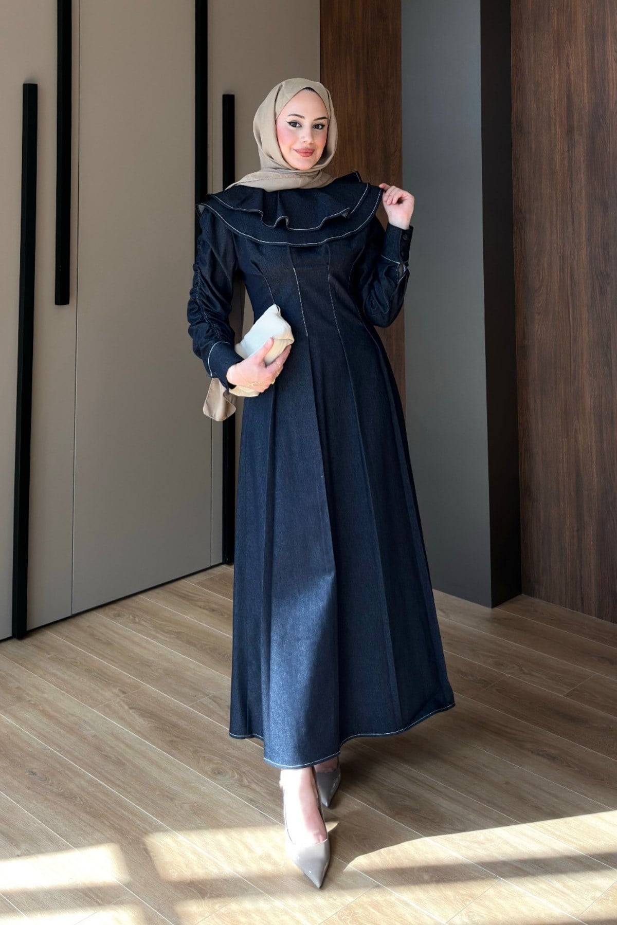 ELBİSEKolları Büzgülü Denim Elbise 1180 Lacivert