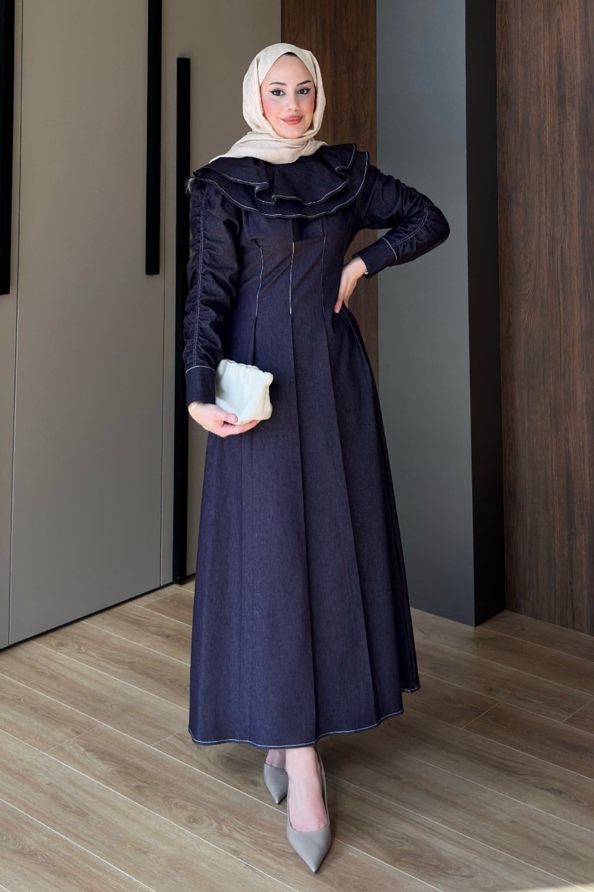 ELBİSEKolları Büzgülü Denim Elbise 1180 Mürdüm