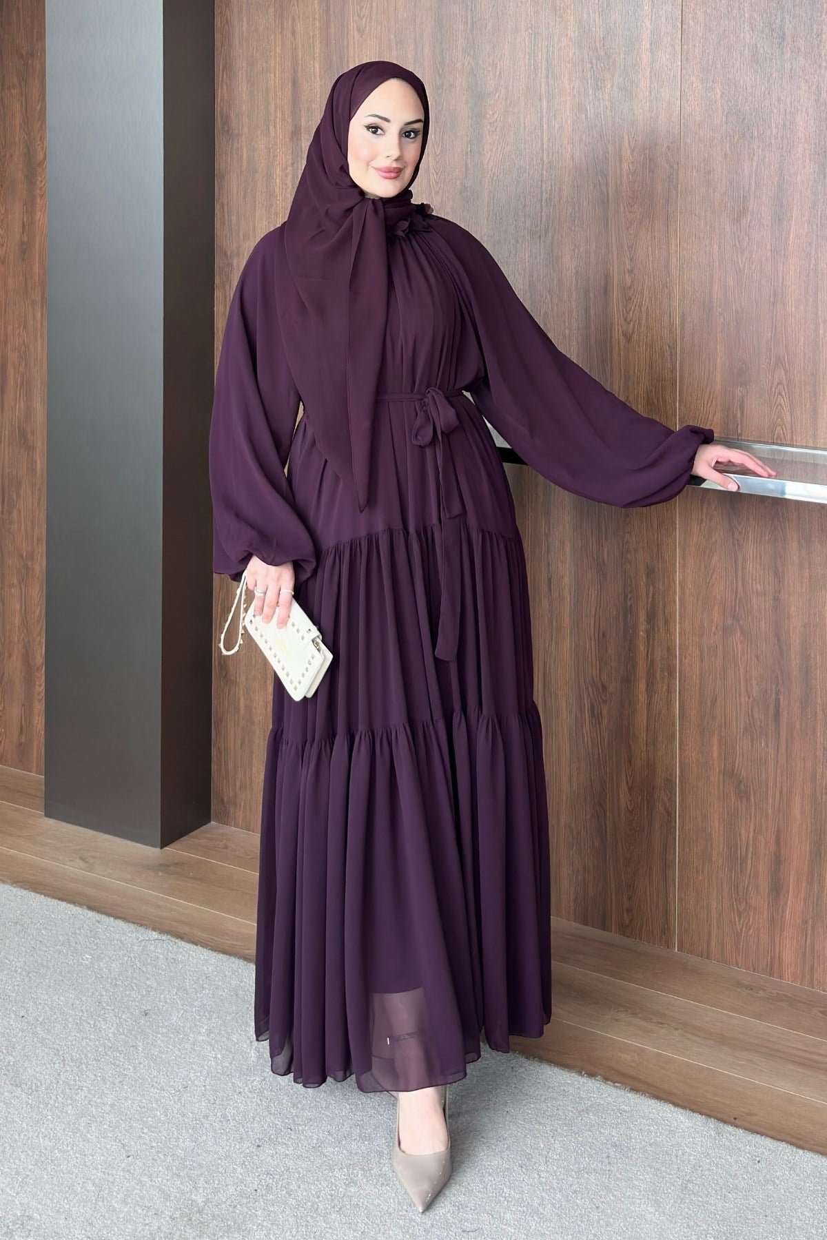 ELBİSEŞifon Elbise Şal Detaylı 1187 Bordo