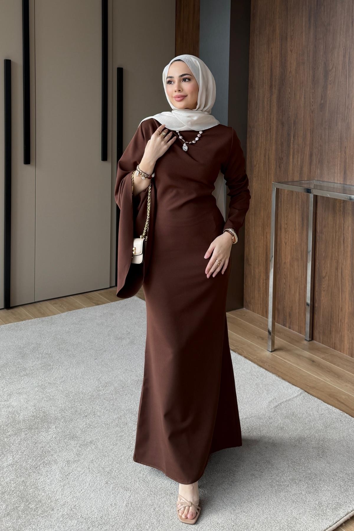ELBİSETek Kol Yarasa Abiye Elbise Kahve