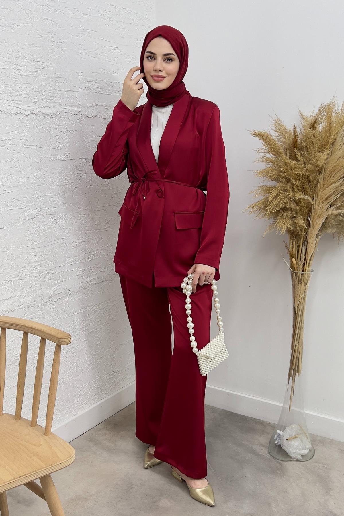 TAKIMBella Bel Büzgülü Ceket Takım 7097 Bordo