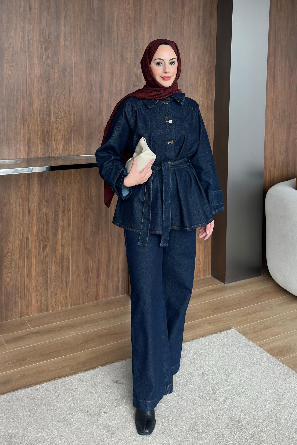 TAKIMLina Kolları Düğmeli Kot Takım 1055 Lacivert
