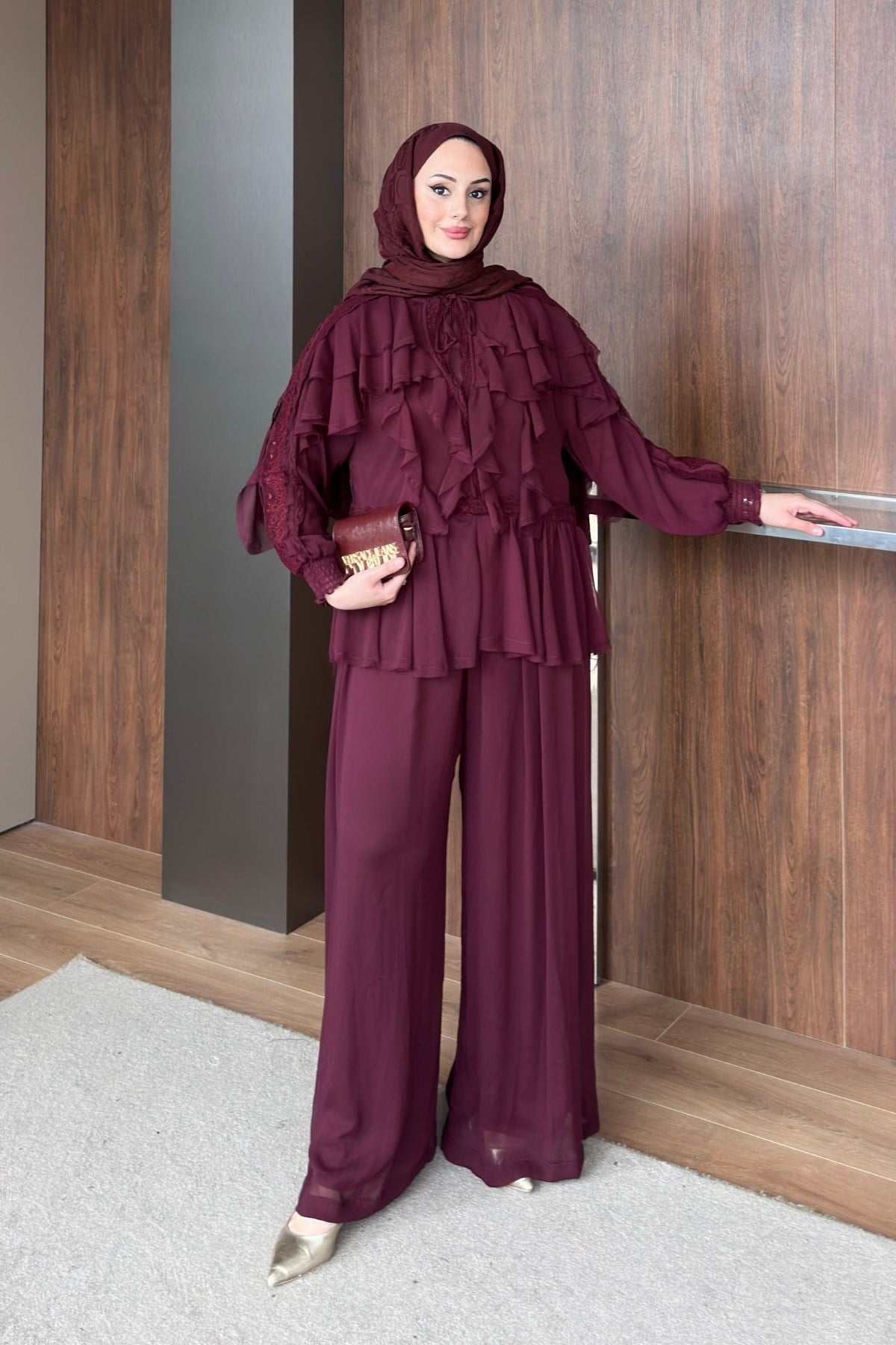 TAKIMŞifon Pantolonlu Takım 1189 Bordo