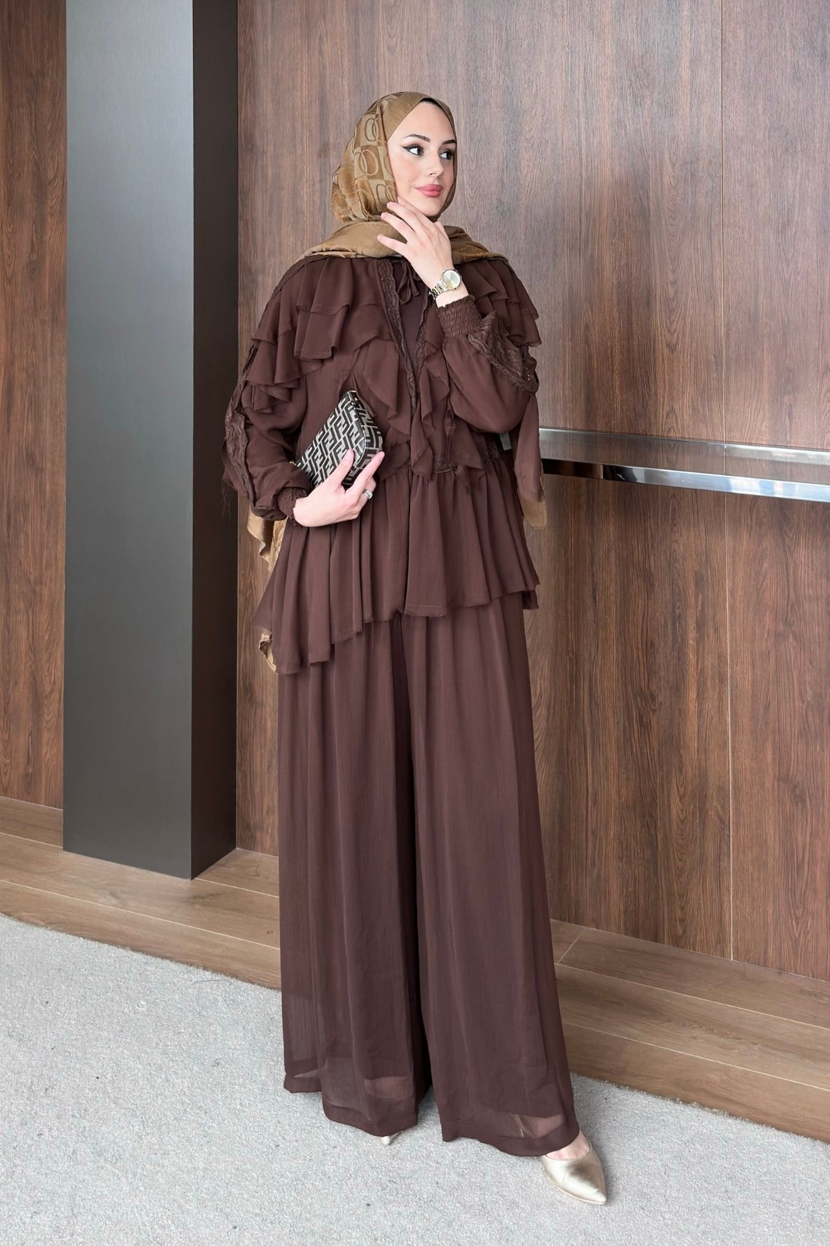 TAKIMŞifon Pantolonlu Takım 1189 Kahve