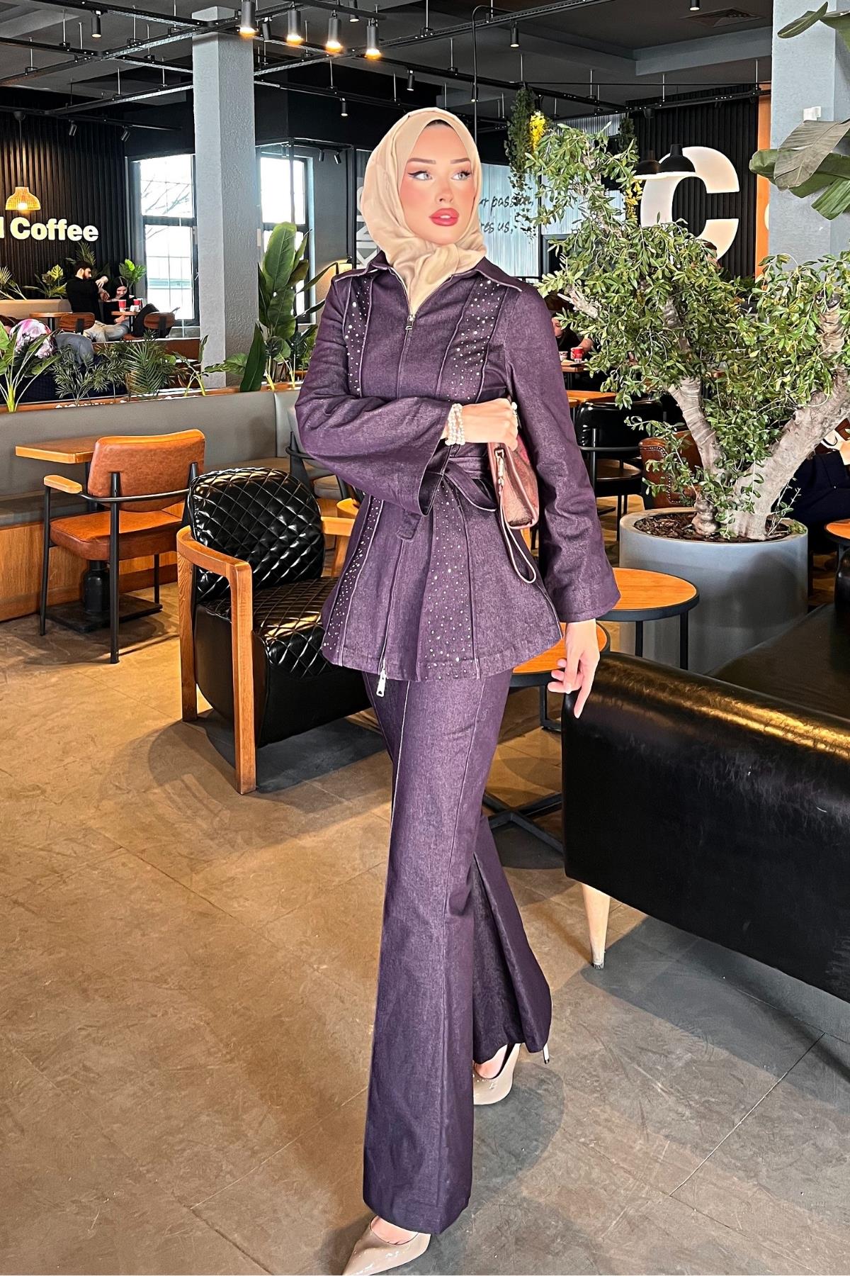 TAKIMTaşlı Denim Takım 1063 Bordo