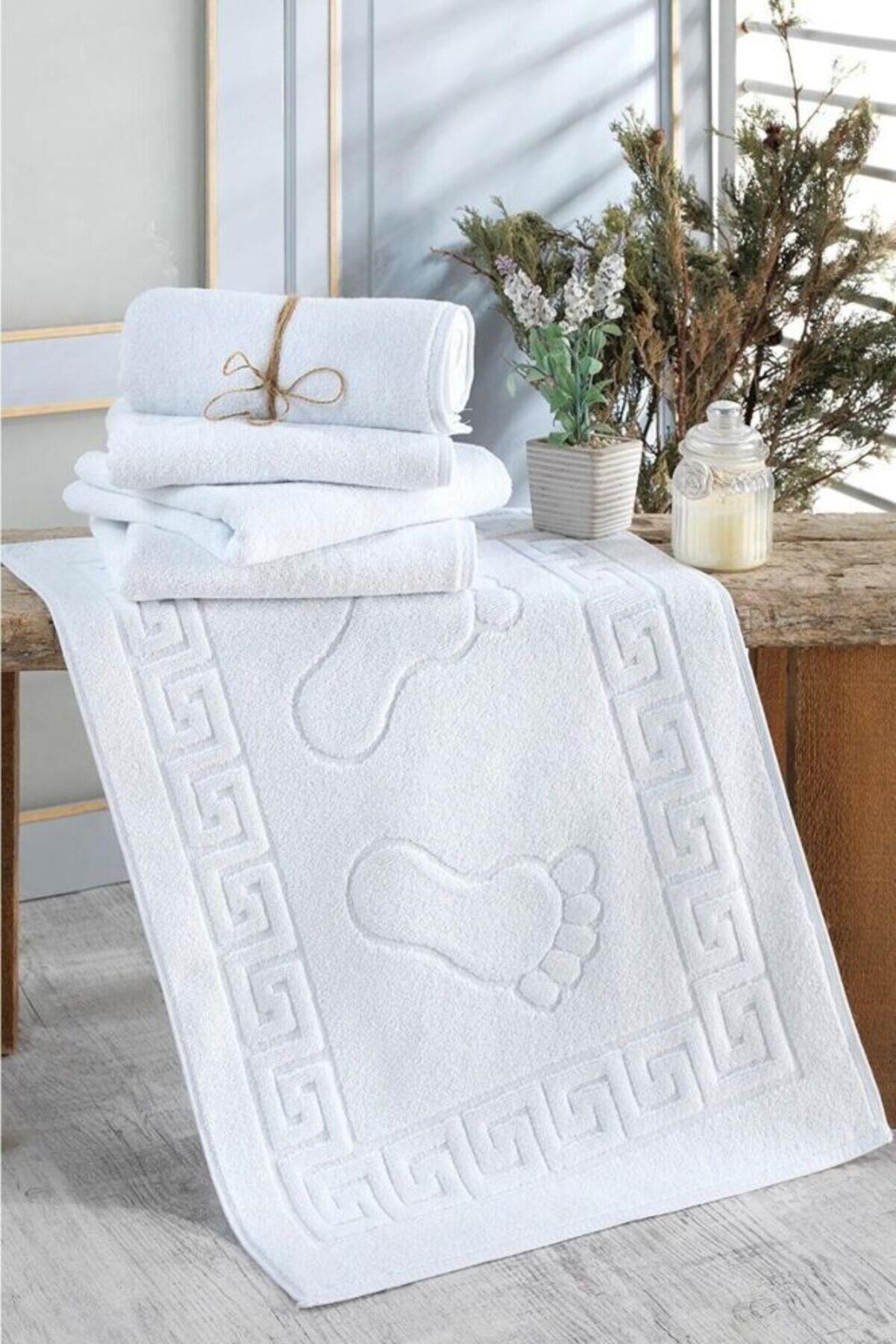 2li Grek Desen Banyo Paspası Seti Pamuklu / Beyaz 50x70 cm 