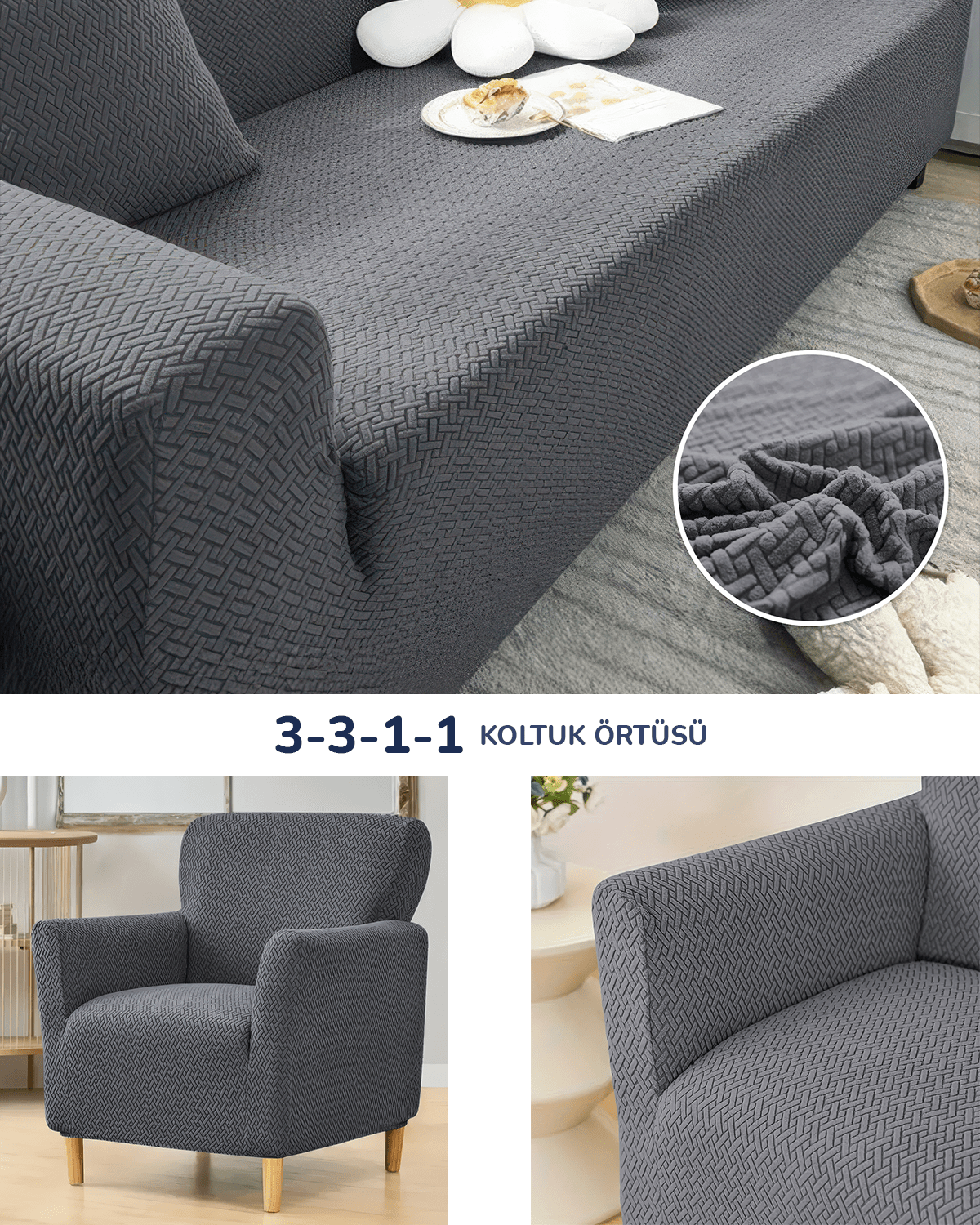 3.3.1.1 Koltuk Örtüsü Koltuk Kılıfı Takımı Lastikli Sofa Cover / Antrasit