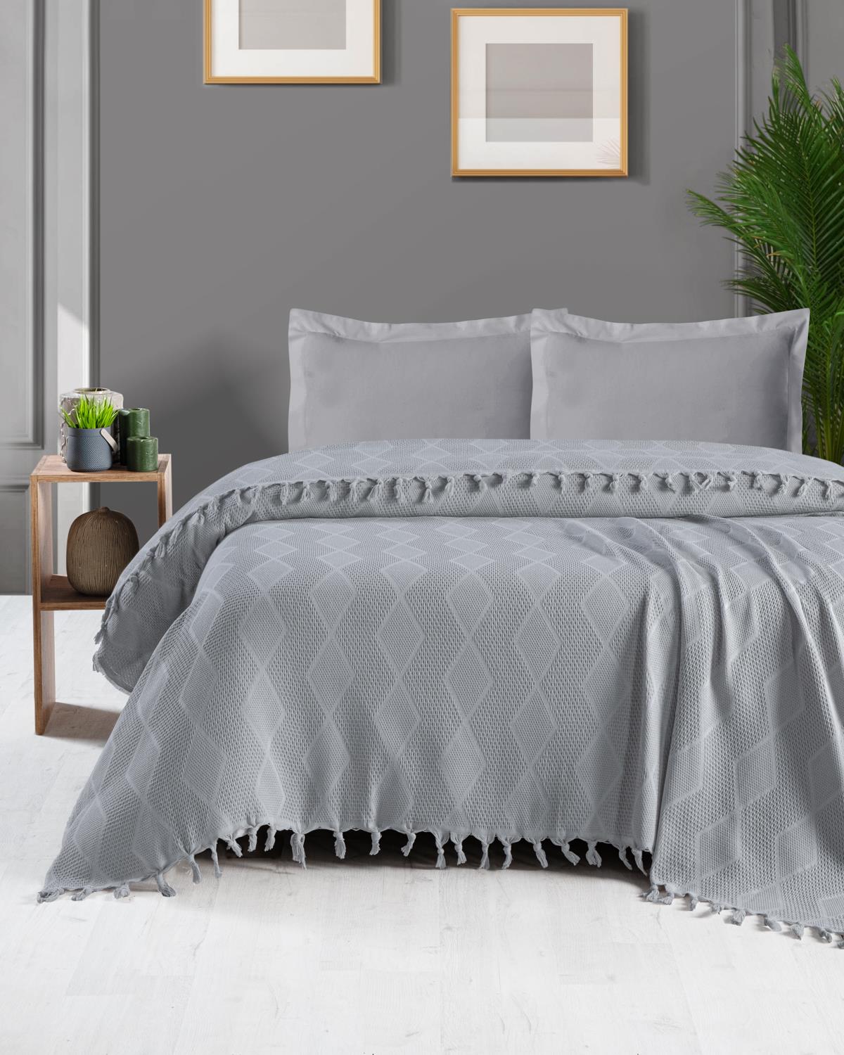Çift Kişilik Gri Jakar Desen Pamuklu 220x240 cm / 4 Mevsim 