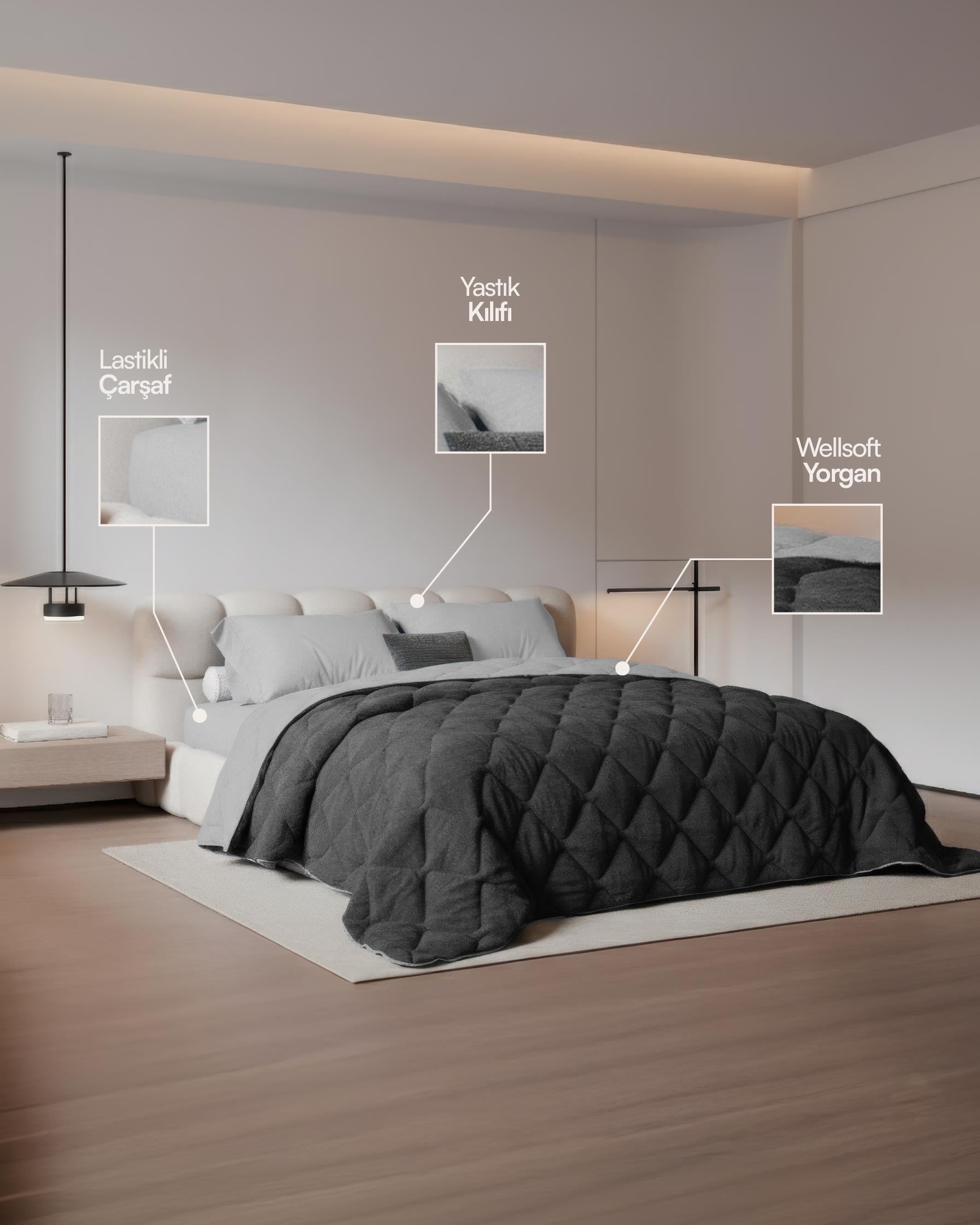 Çift Kişilik Welsoft Yorgan Uyku Seti Antrasit 160x200 Lastikli Çarşaflı