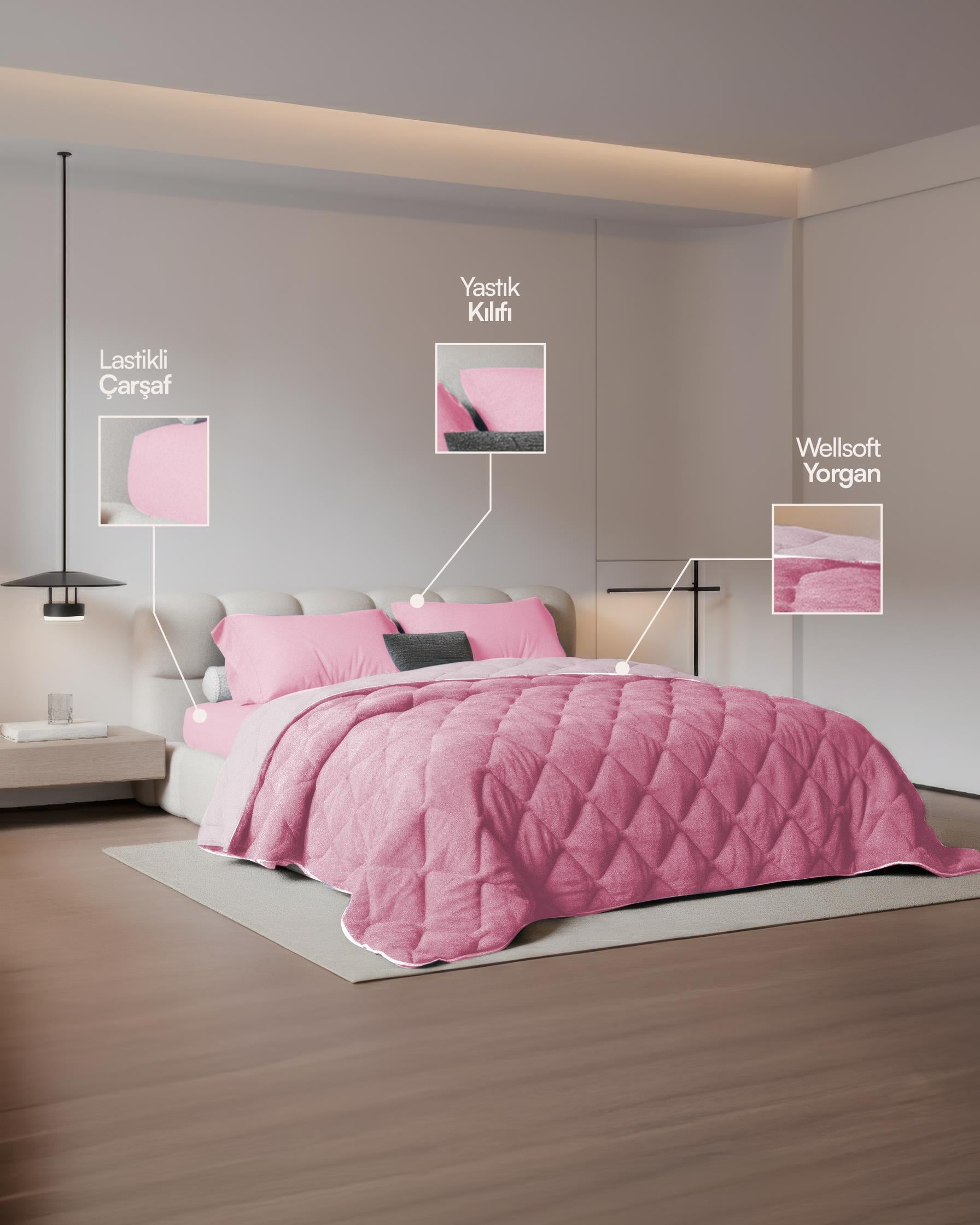 Çift Kişilik Welsoft Yorgan Uyku Seti Pembe 160x200 Lastikli Çarşaflı
