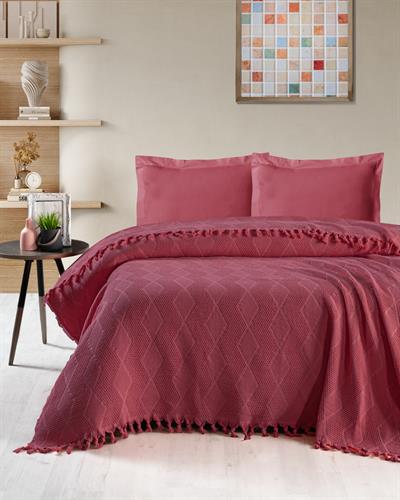 Çift Kişilik Bordo Jakar Desen Pamuklu Pike/ 4 mevsim 
