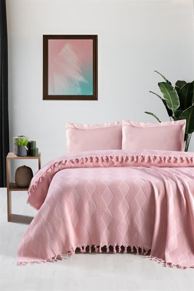 Çift Kişilik Pudra Jakar Desen Pamuklu Pike 220x240 cm / 4 mevsim 
