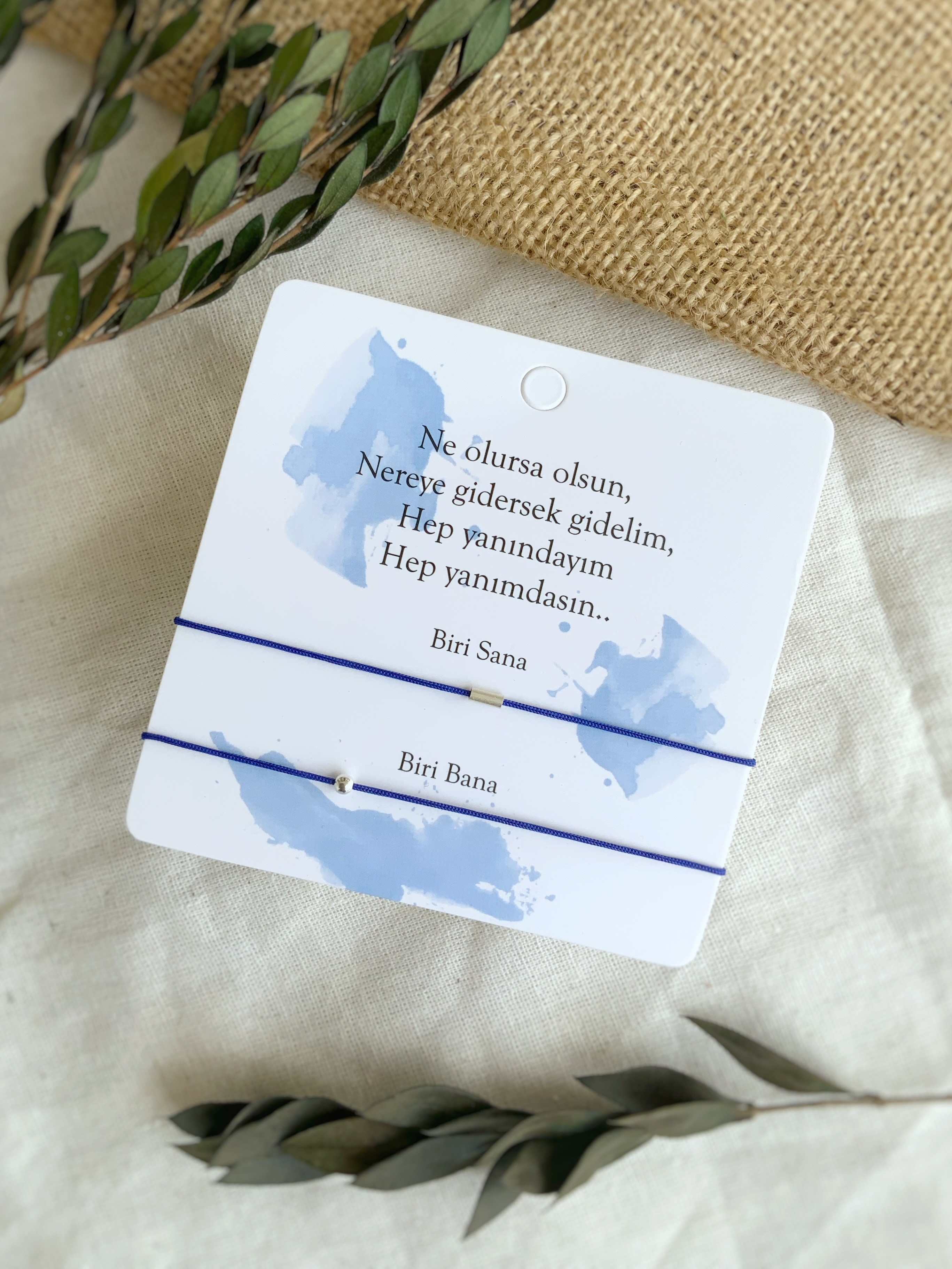 Nokta Çizgi 925 Ayar Gümüş Çivit İp Çift Bilekliği – Yanındayım Yanımdasın 💙