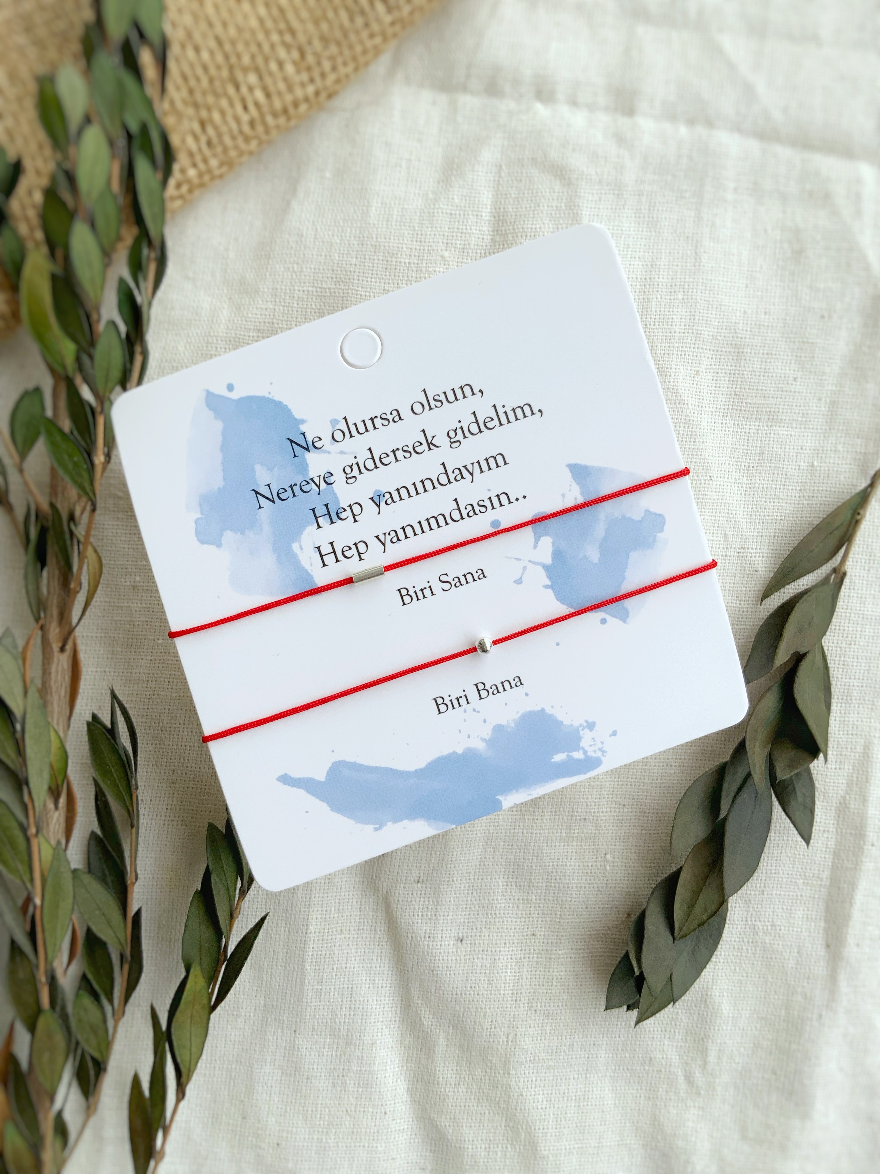 Nokta Çizgi 925 Ayar Gümüş  Kırmızı İp Çift Bileklik – Yanındayım Yanımdası ❤️