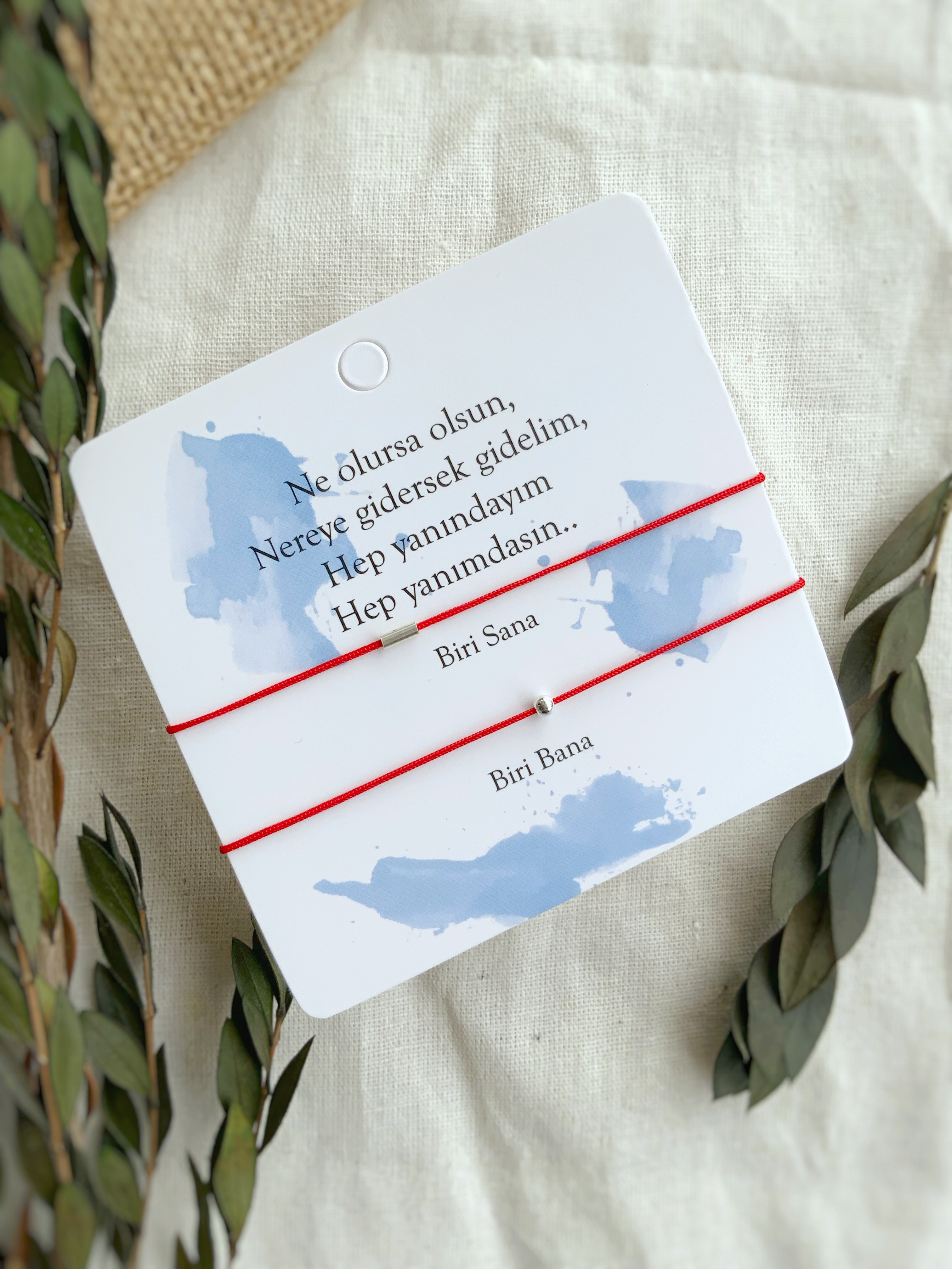 Nokta Çizgi 925 Ayar Gümüş  Kırmızı İp Çift Bileklik – Yanındayım Yanımdası ❤️