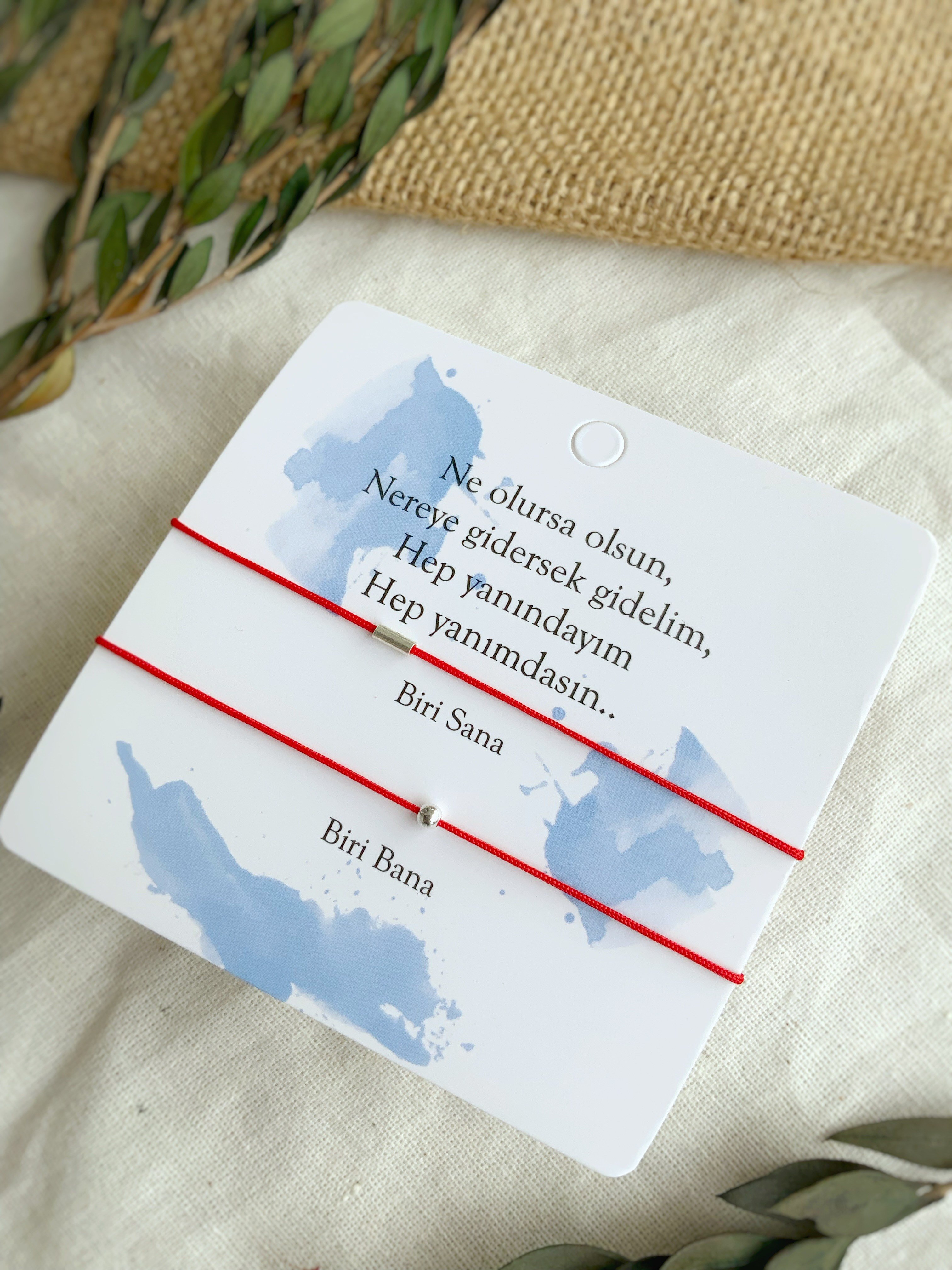 Nokta Çizgi 925 Ayar Gümüş  Kırmızı İp Çift Bileklik – Yanındayım Yanımdası ❤️