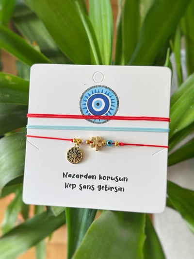 3lü Şans Charmı Bijuteri Bileklik Yonca Cam Nazar Boncuğu