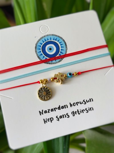 3lü Şans Charmı Bijuteri Bileklik Yonca Cam Nazar Boncuğu