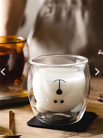 Ayıcık Tasarımlı Çift Cidarlı Cam Kupa, Çift Cidarlı Kulpsuz Cam Kupa