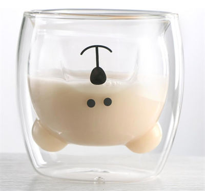 Ayıcık Tasarımlı Çift Cidarlı Cam Kupa, Çift Cidarlı Kulpsuz Cam Kupa