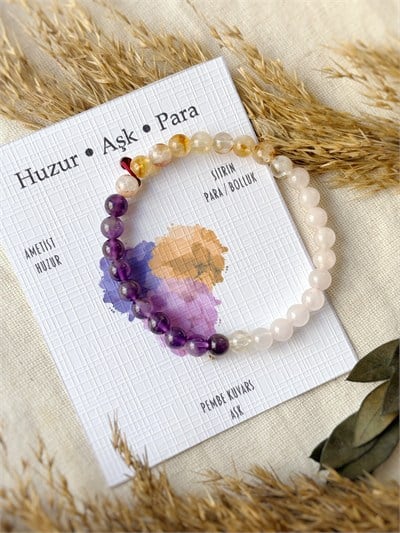 Huzur Aşk Para – Ametist, Sitrin ve Pembe Kuvars Doğal Taş Bileklik | Üç Güzel Dilek