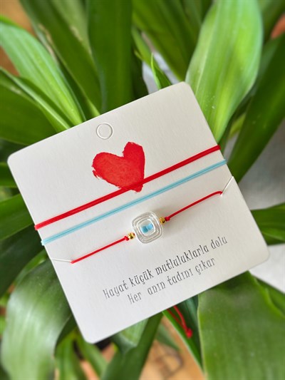 Kare İnci Görünümlü 3lü Kırmızı Mavi Bileklik Seti 