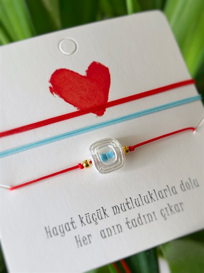 Kare İnci Görünümlü 3lü Kırmızı Mavi Bileklik Seti 